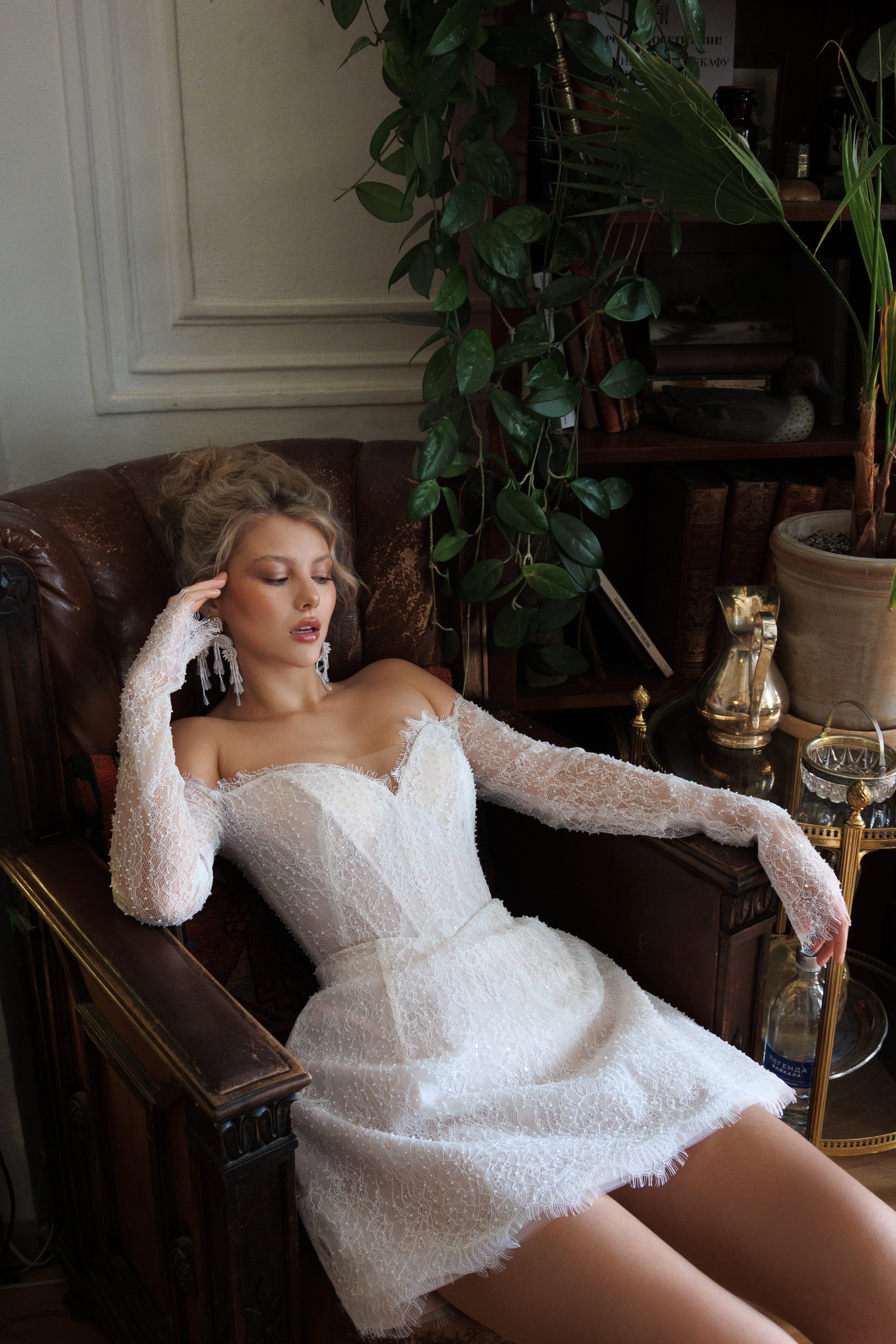 CHABLIS | CHANTILLY LACE MINI DRESS | LACE BRIDAL MINI WITH SLEEVES