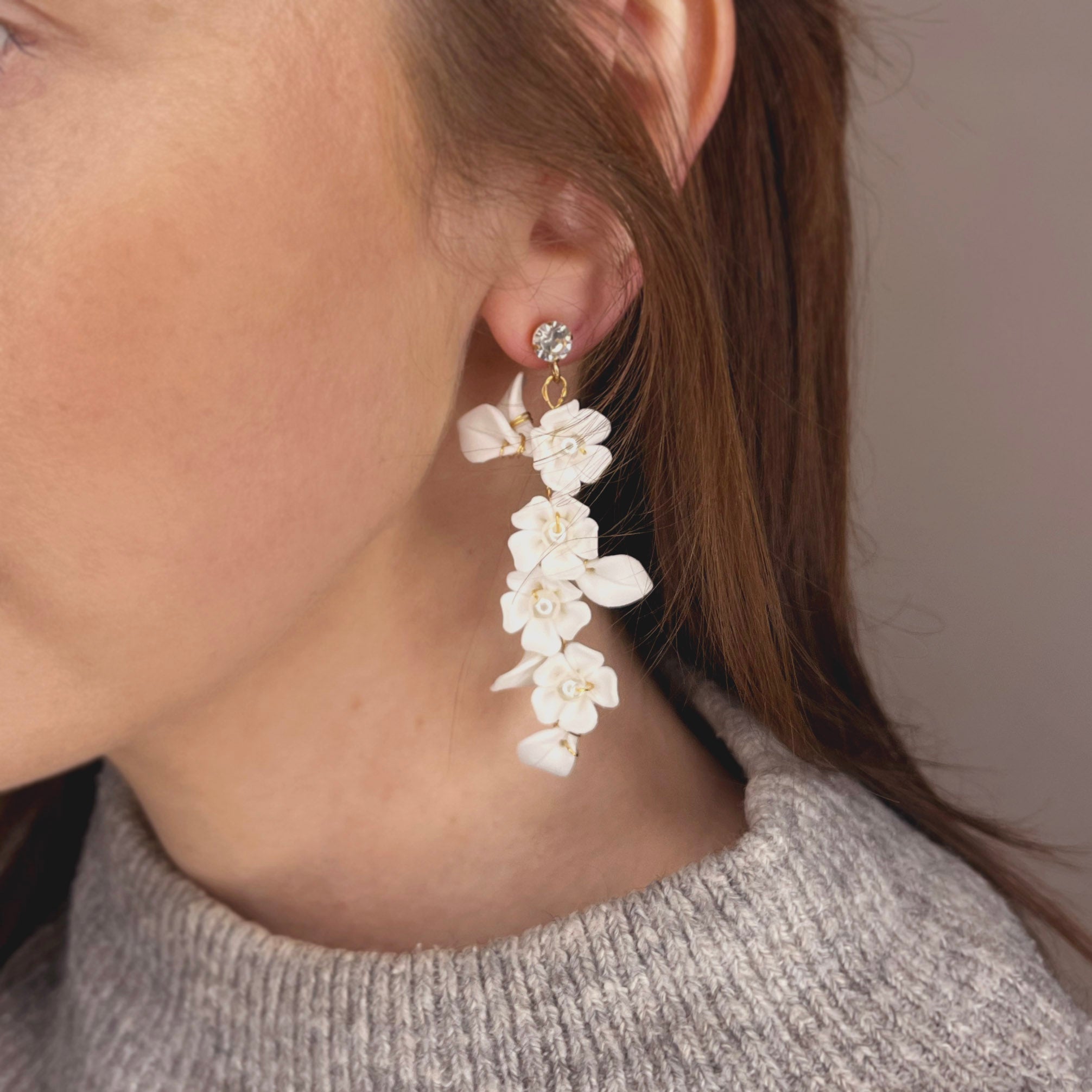FLORAL PORCELAIN PEARL DROP EARRINGS WITH STUD