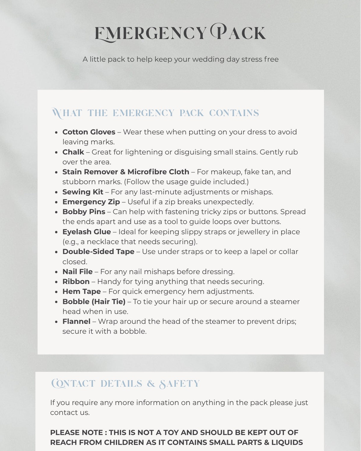 Emergency pack card listing what the bridal emergency kit contains