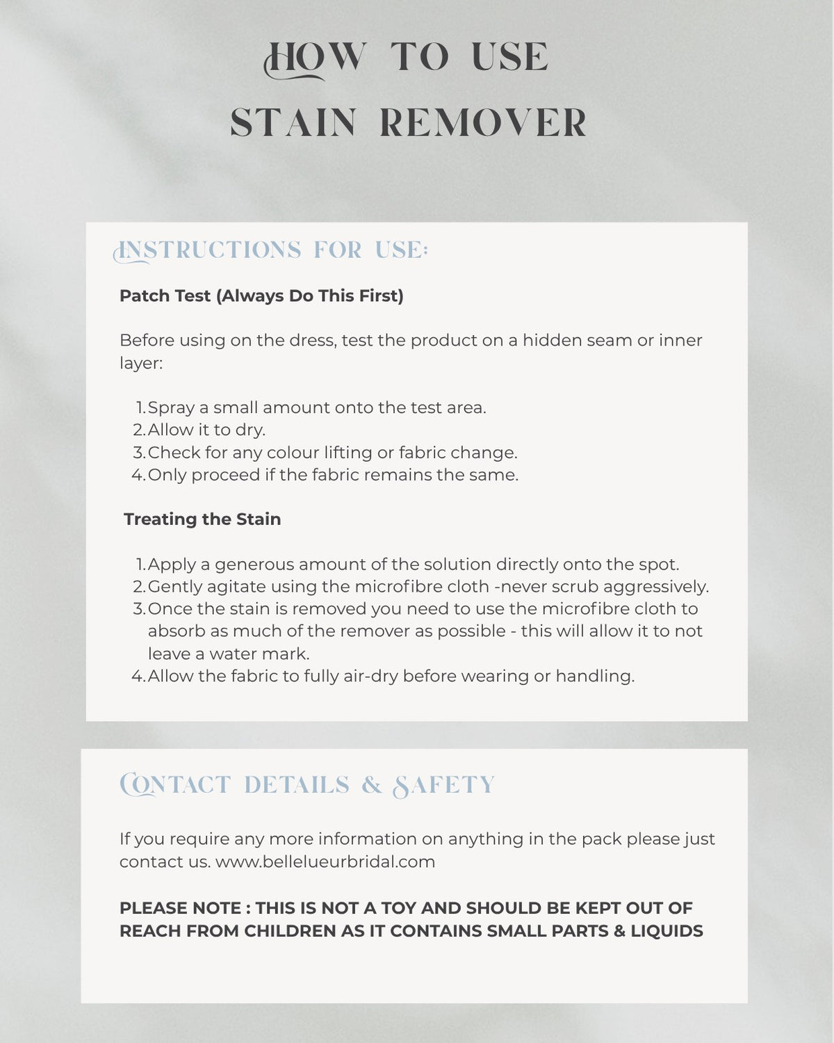 Emergency pack card with instructions for using the stain remover