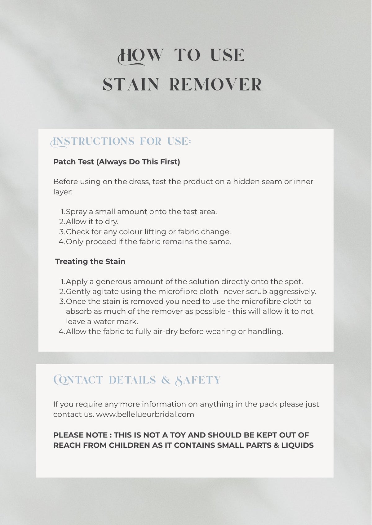 Emergency pack card with instructions for using the stain remover