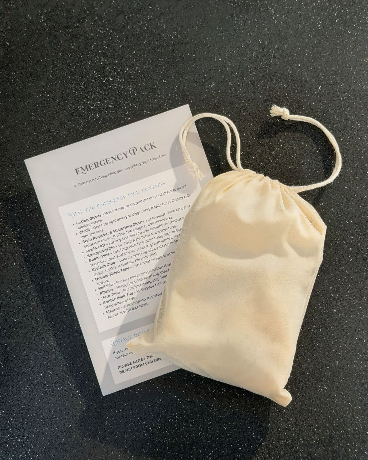 Bridal emergency kit cotton drawstring bag with its information card