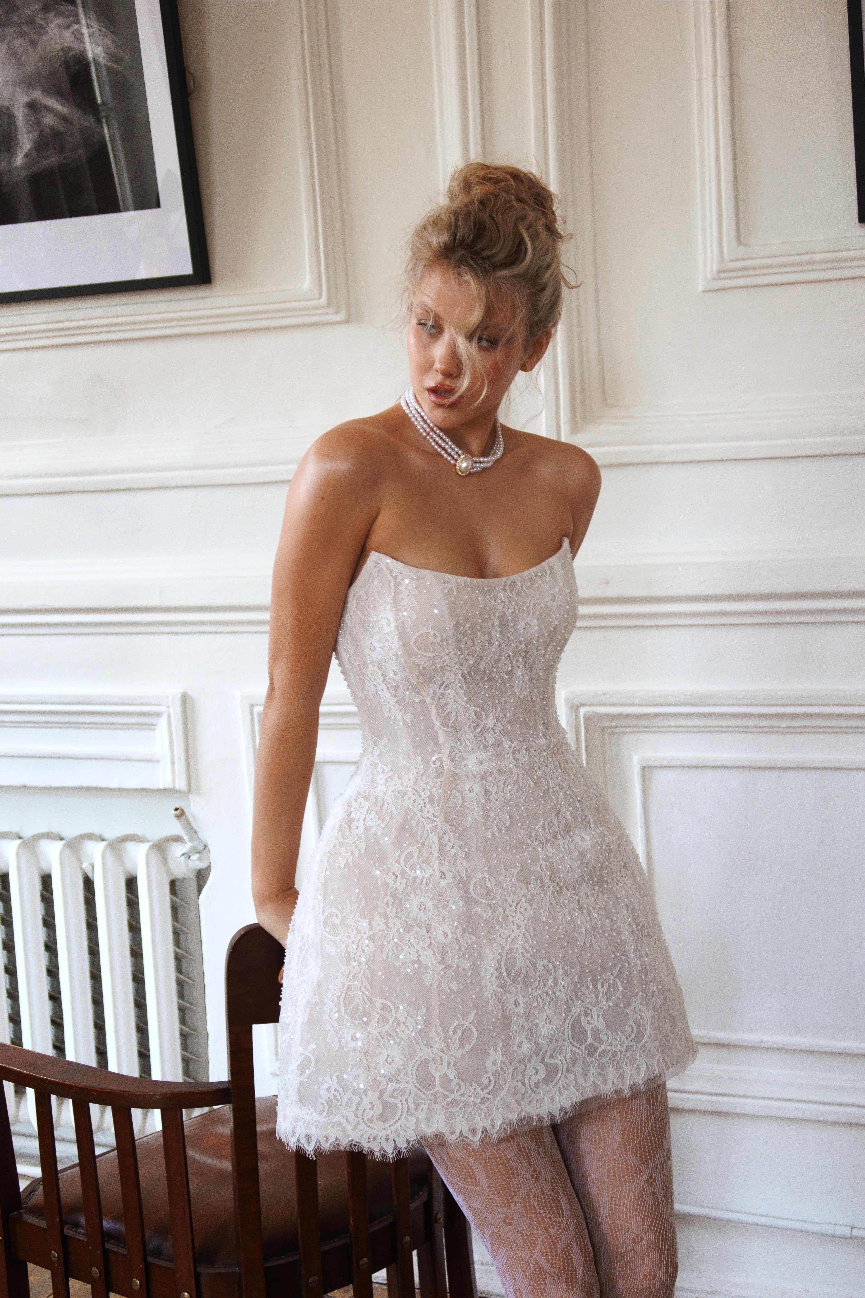 CAMEIA | CHANTILLY LACE MINI PARTY DRESS | MINI BRIDAL DRESS