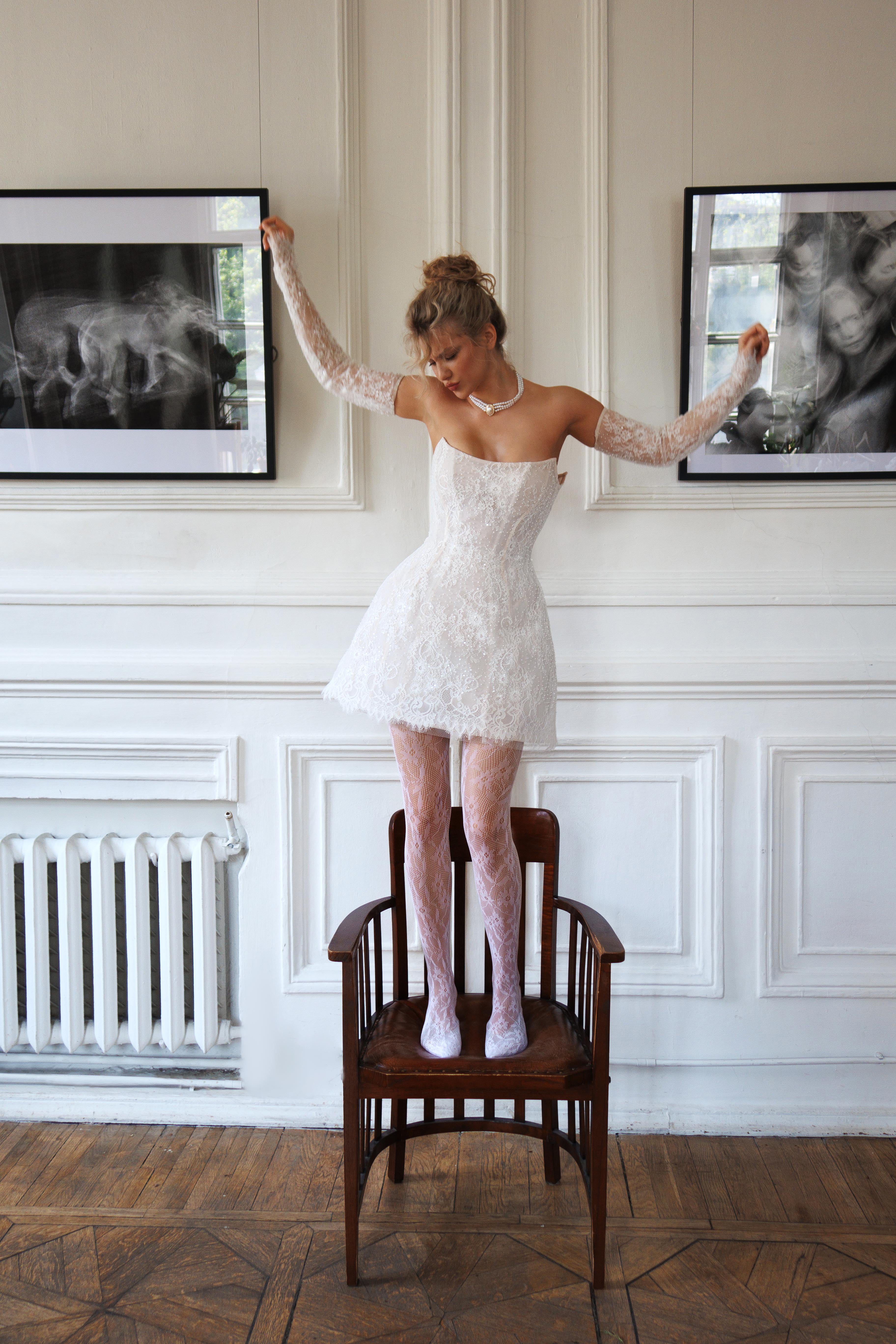 CAMEIA | CHANTILLY LACE MINI PARTY DRESS | MINI BRIDAL DRESS