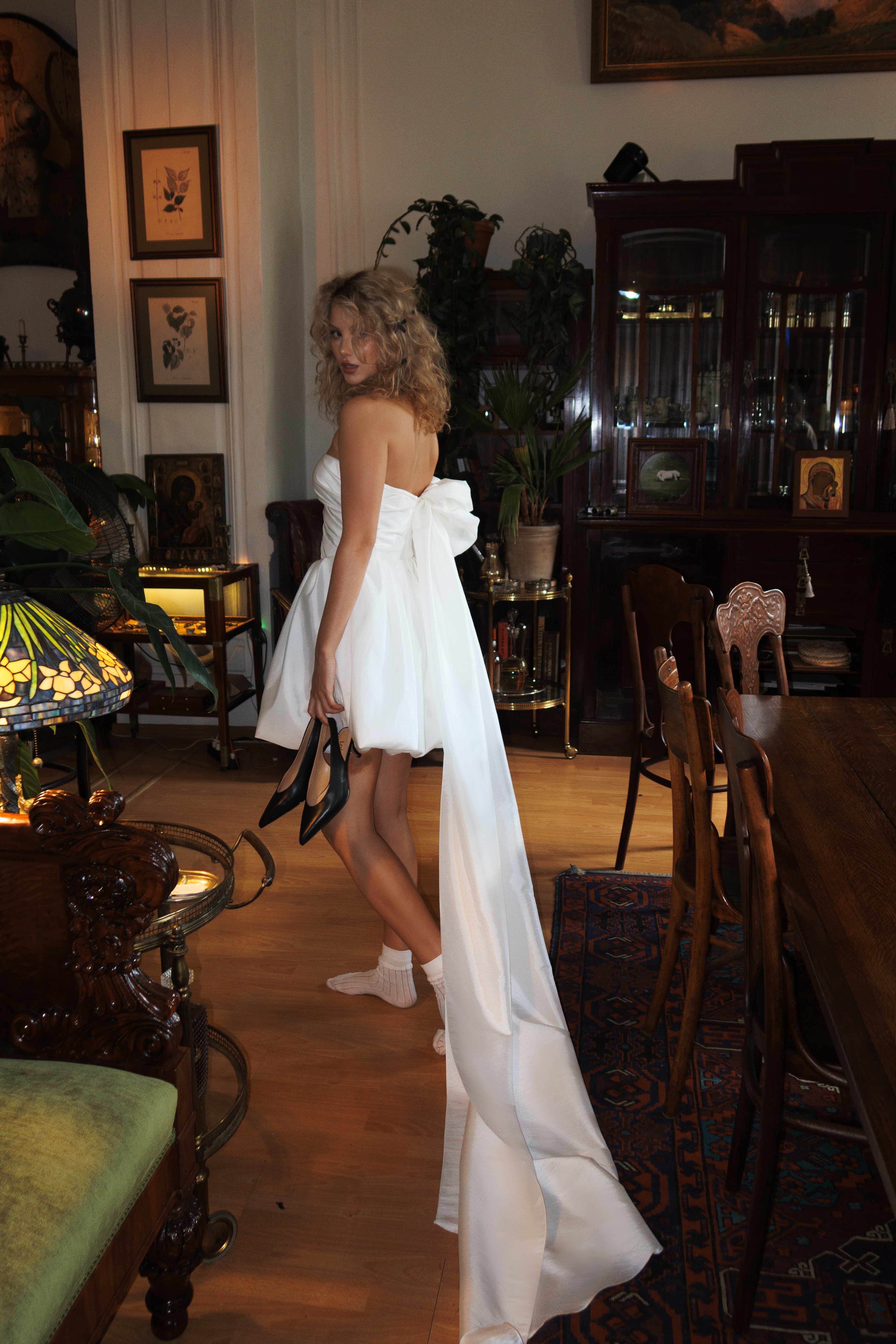 CASHEW | A-LINE MINI DRESS | TAFFATA MINI DRESS WITH TRAIN | OFF SHOULDER MINI DRESS