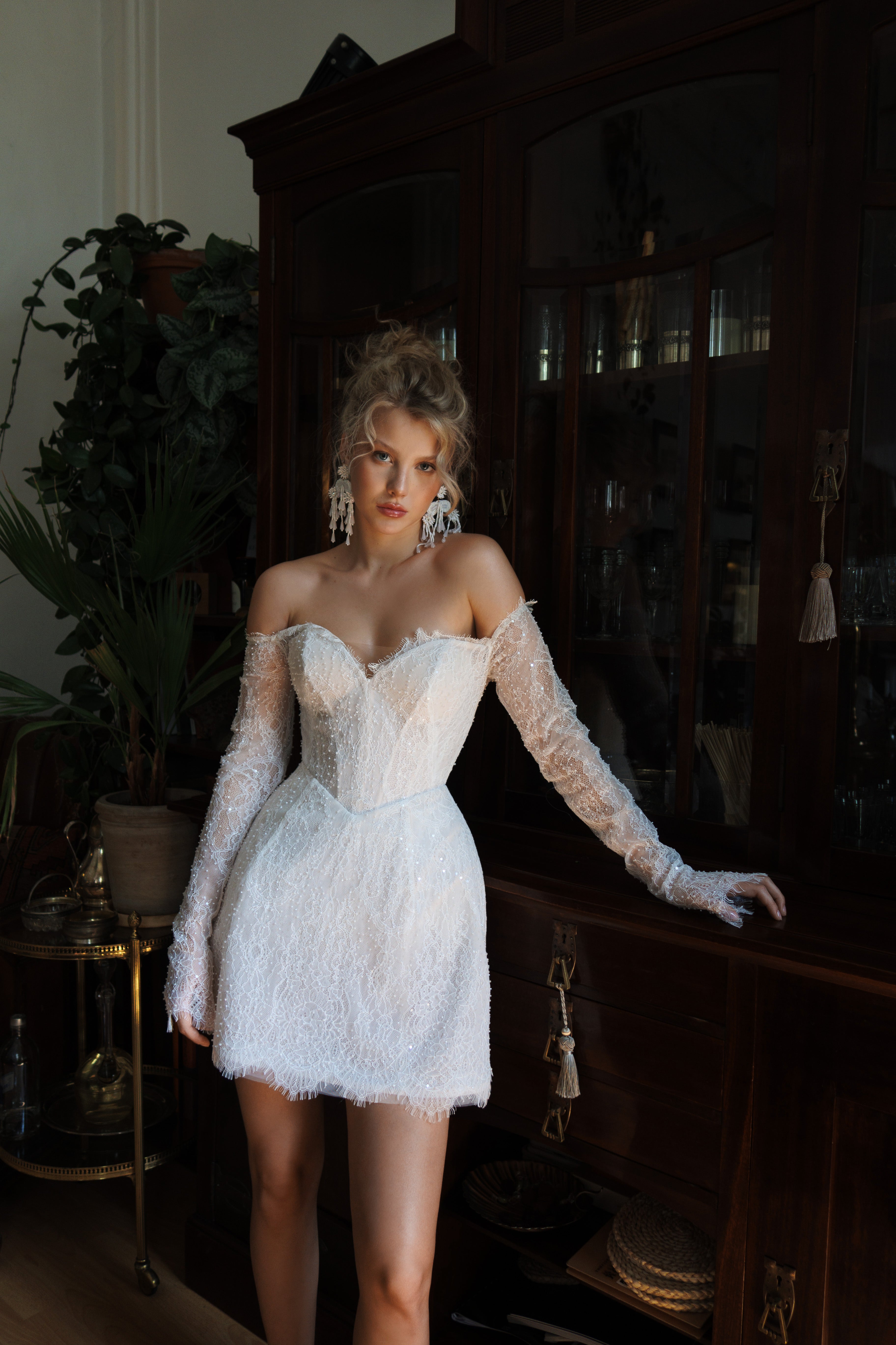 CHABLIS | CHANTILLY LACE MINI DRESS | LACE BRIDAL MINI WITH SLEEVES