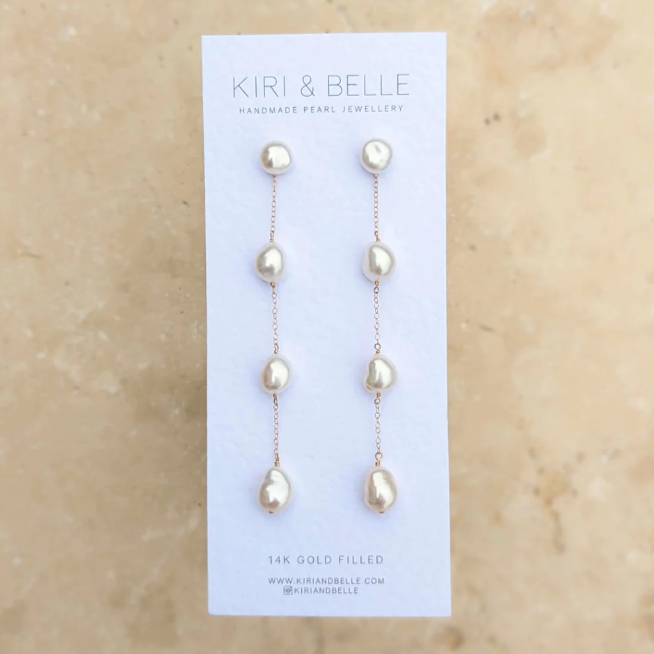 KIRI & BELLE | FRANKIE LONG PEARL DROP EARRINGS 14k Gold Filled