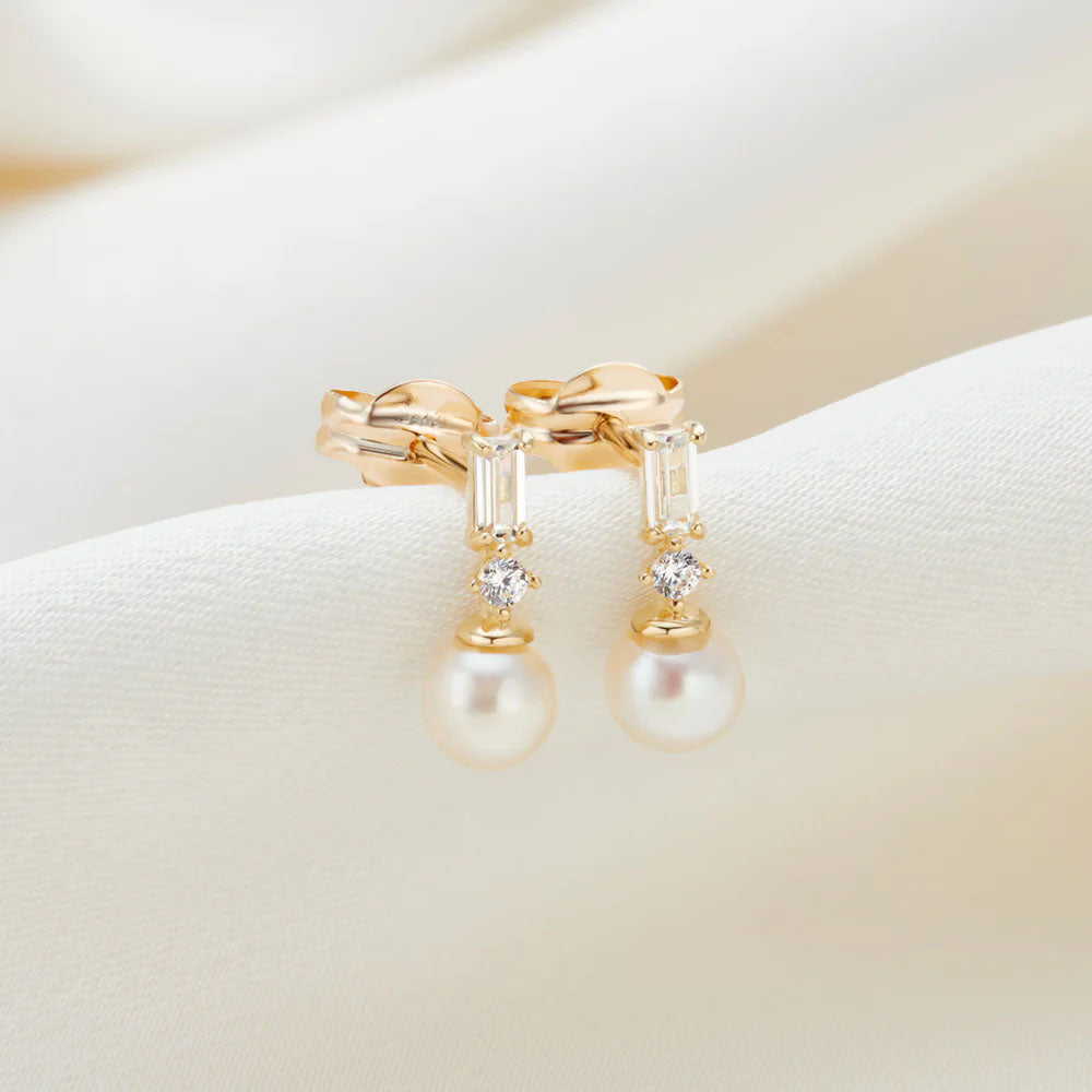 KIRI & BELLE | 9CT SOLID GOLD MINI RECTANGULAR PEARL DROP STUD EARRINGS LILITH