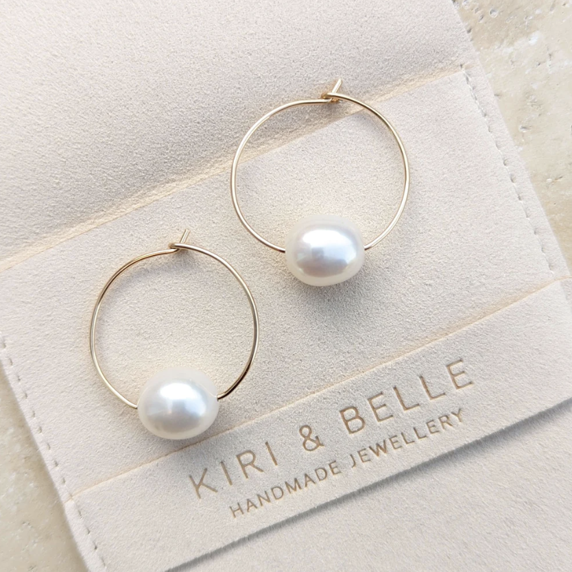 KIRI & BELLE | OLIVIA LARGE PEARL WIRE HOOP EARRINGS 14k Gold Filled