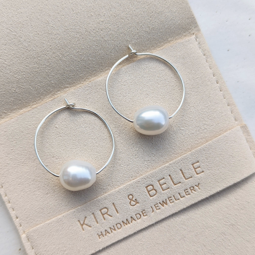 KIRI & BELLE | OLIVIA LARGE PEARL WIRE HOOP EARRINGS Sterling Silver