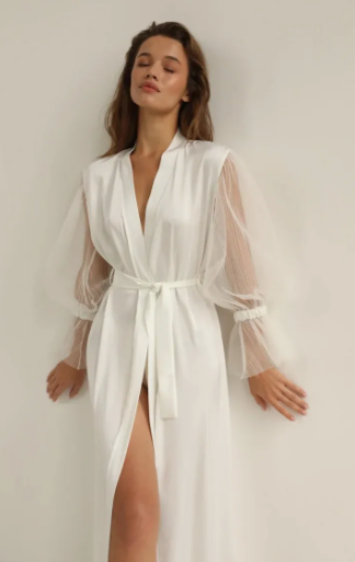 Long Satin Bridal Robe with Tulle Sleeves