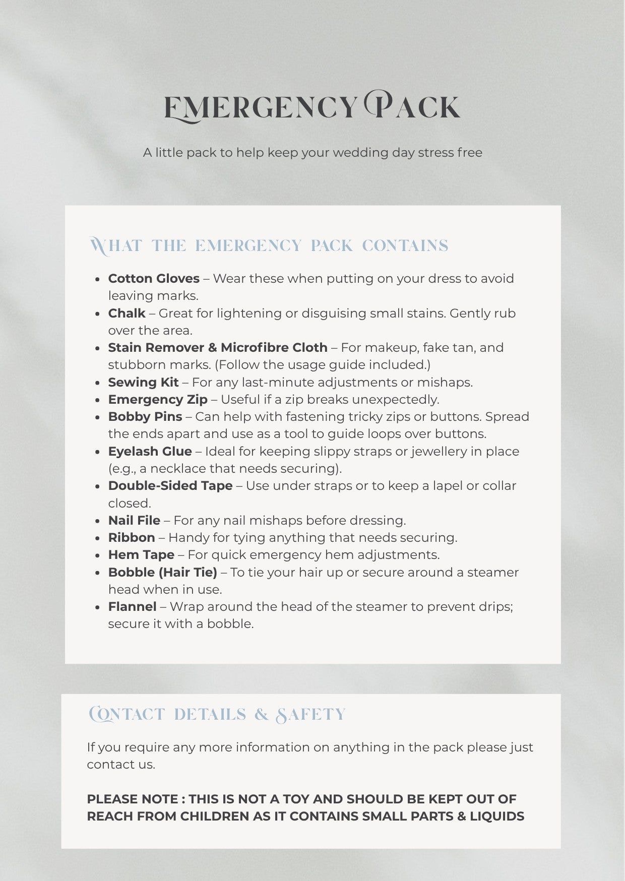 Emergency pack card listing what the bridal emergency kit contains