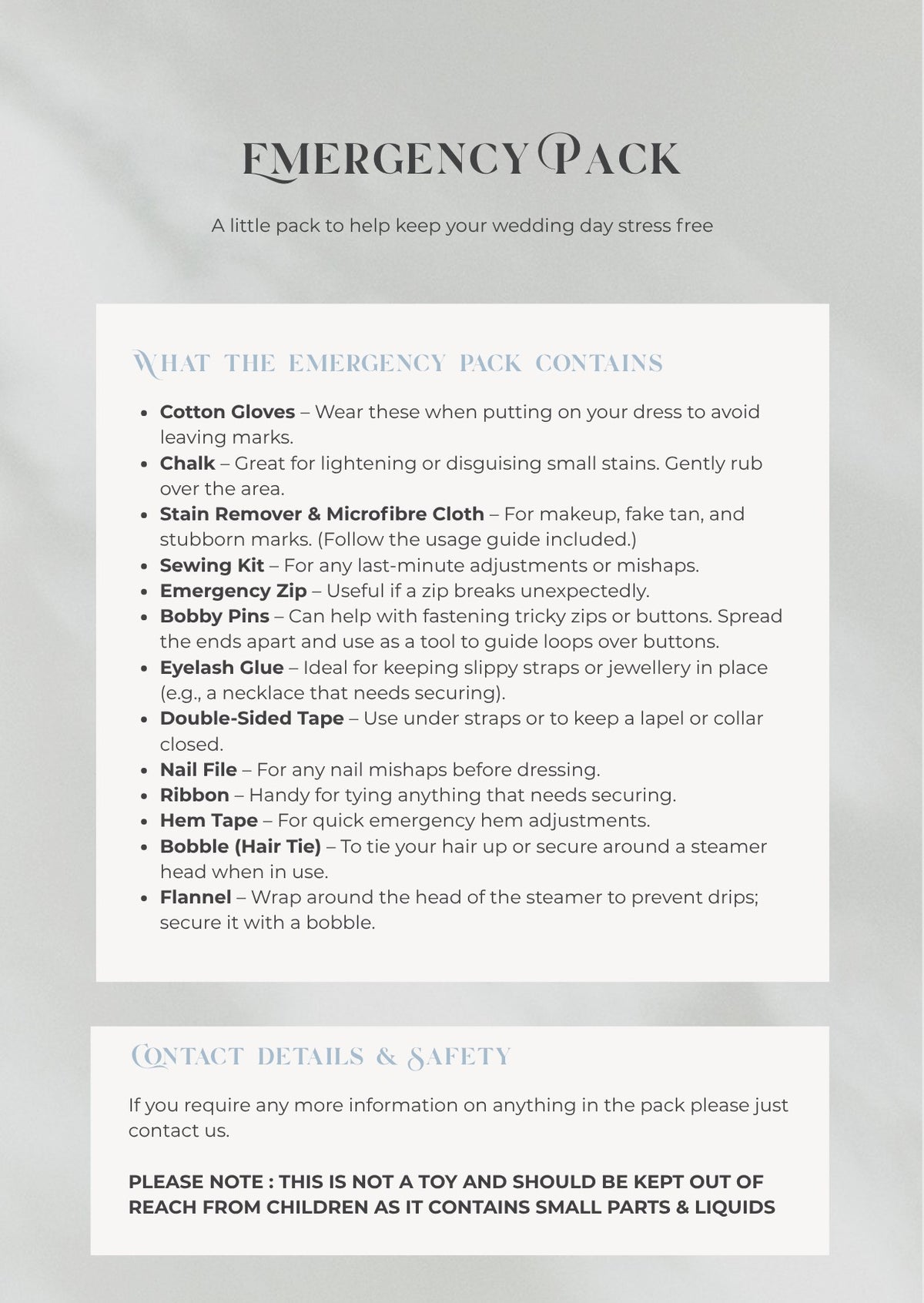 Emergency pack card listing what the bridal emergency kit contains