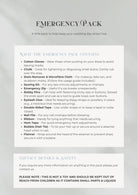Emergency pack card listing what the bridal emergency kit contains