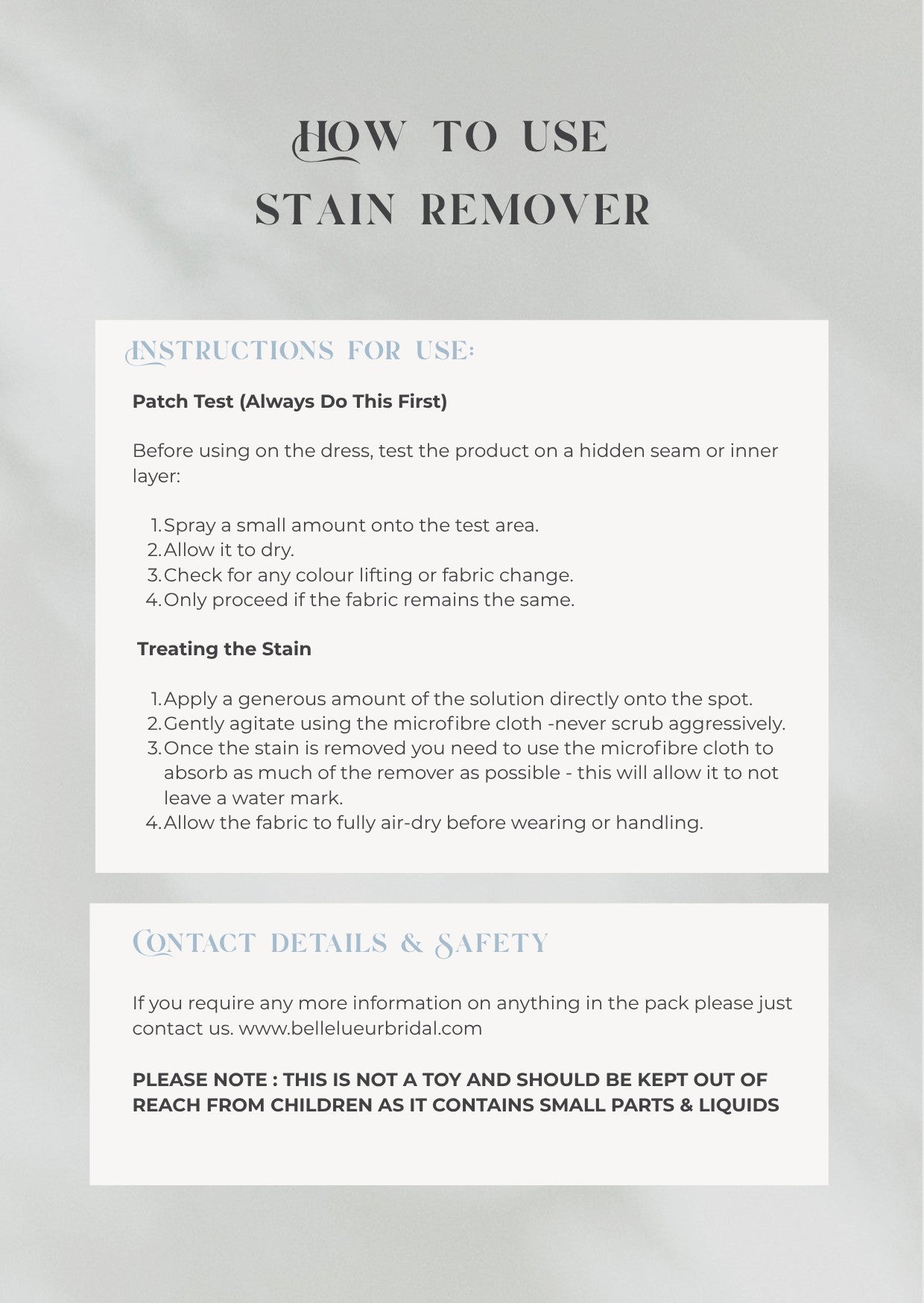 Emergency pack card with instructions for using the stain remover