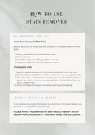 Emergency pack card with instructions for using the stain remover