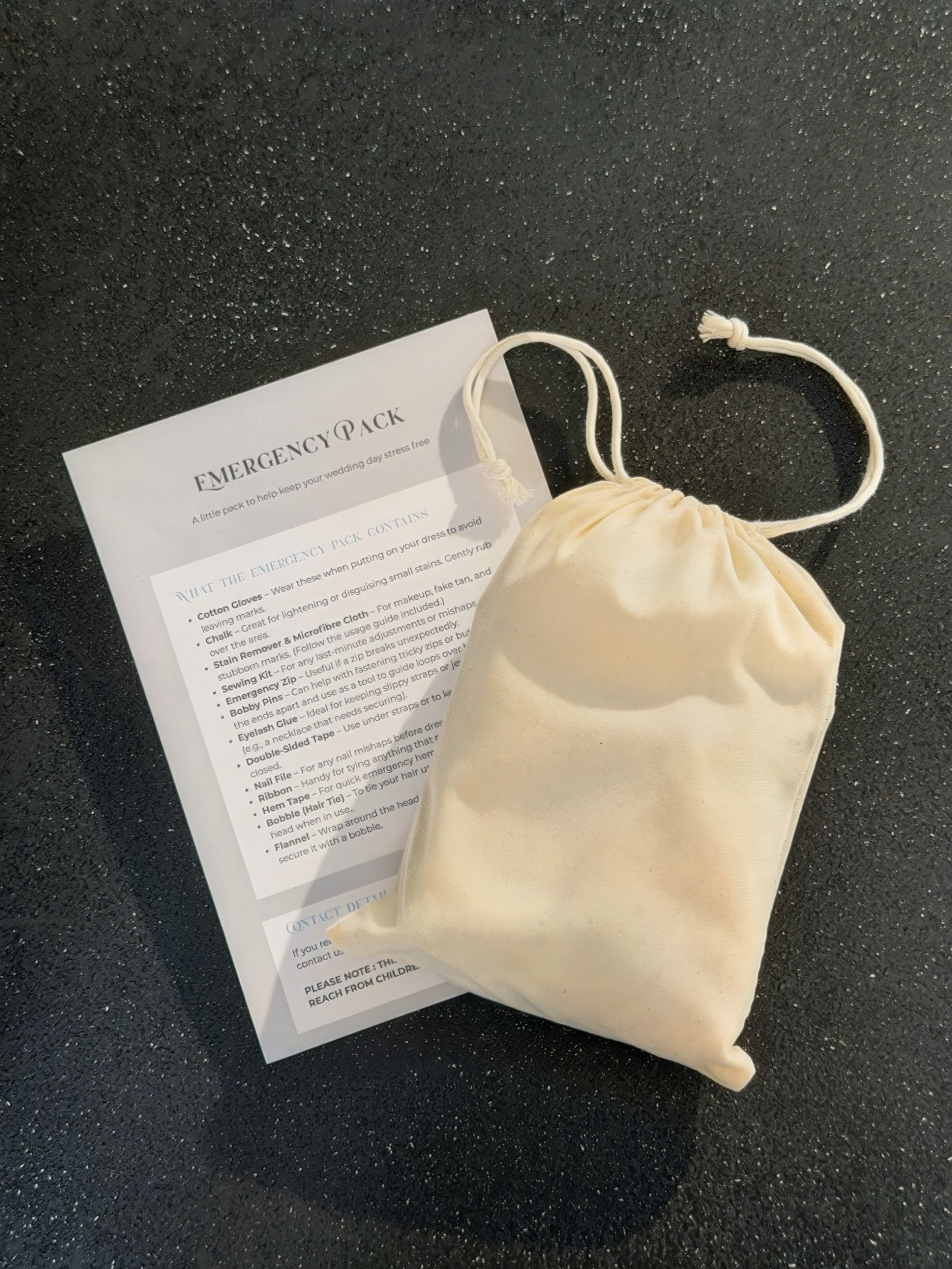 Bridal emergency kit cotton drawstring bag with its information card