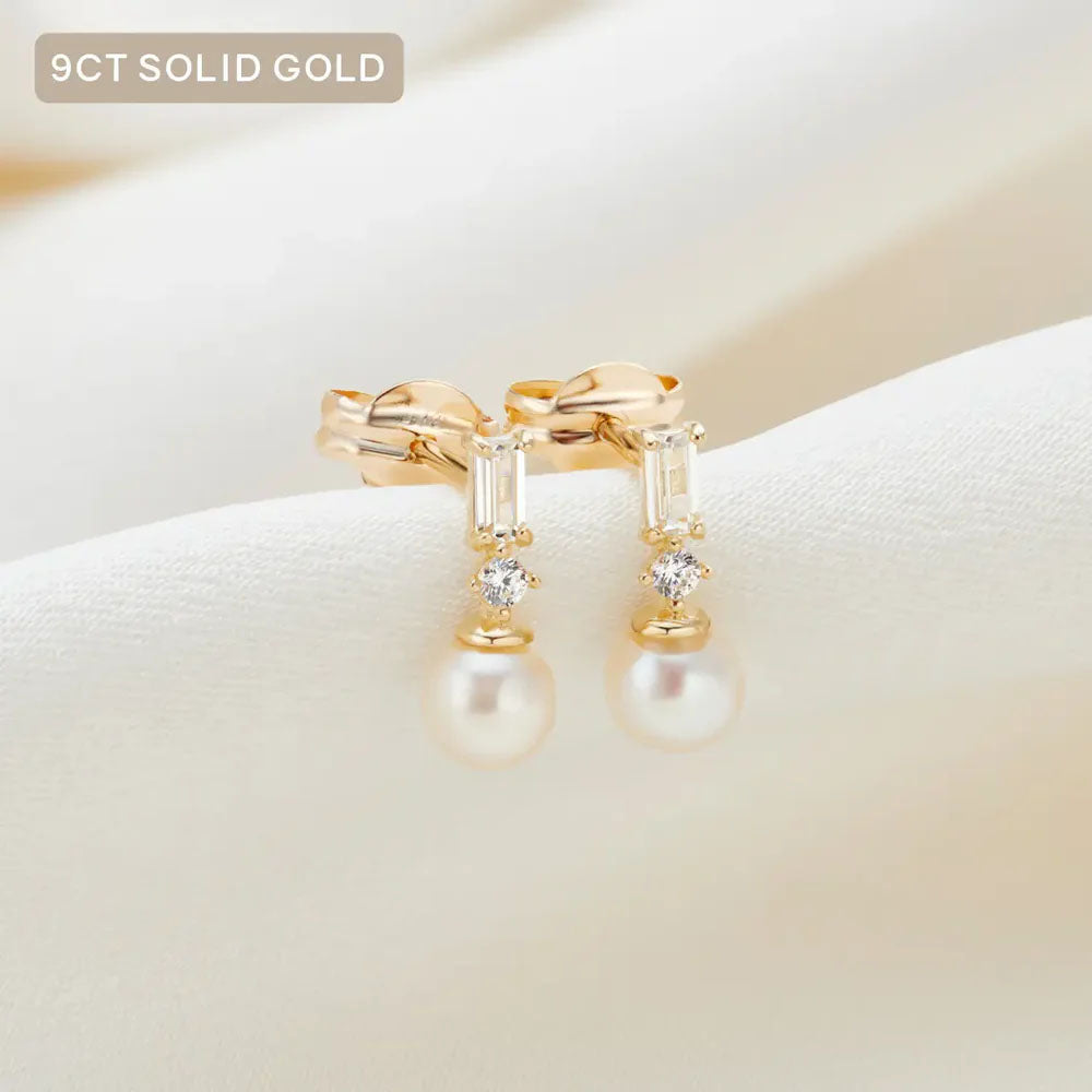 KIRI & BELLE | 9CT SOLID GOLD MINI RECTANGULAR PEARL DROP STUD EARRINGS LILITH